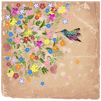 Fotobehang Kleurrijke bloemen en kolibrie op een retro achtergrond