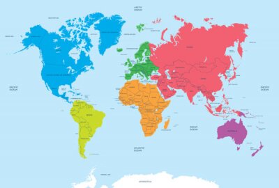 Kleurrijke continenten op de wereldkaart