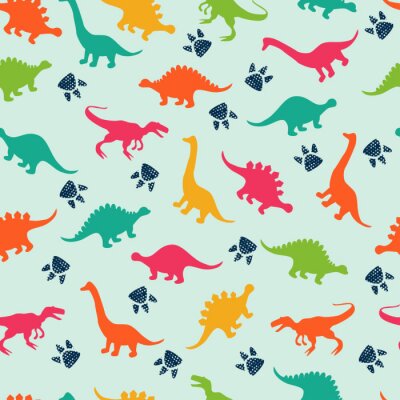 Fotobehang Kleurrijke dinosaurussen en voetafdrukken