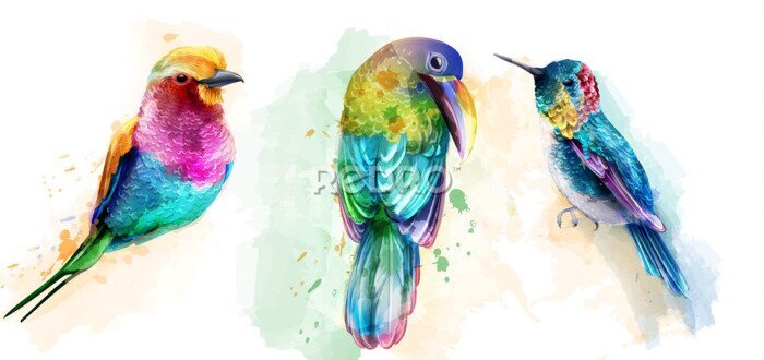 Fotobehang Kleurrijke exotische vogels geschilderd in aquarel