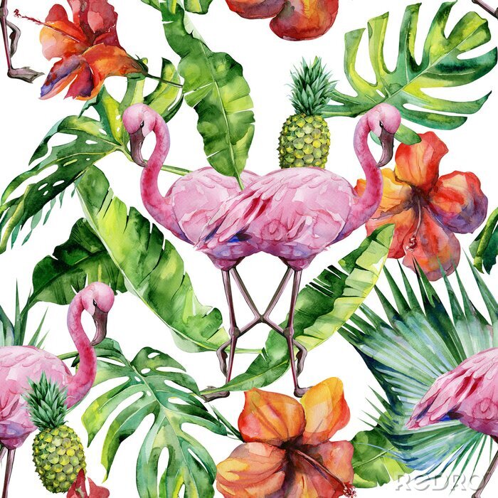 Fotobehang Kleurrijke flamingo's en tropische bloemen