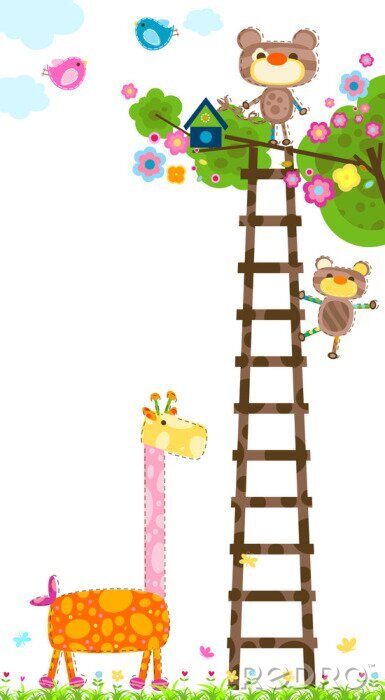 Fotobehang Kleurrijke giraf en beren op een ladder