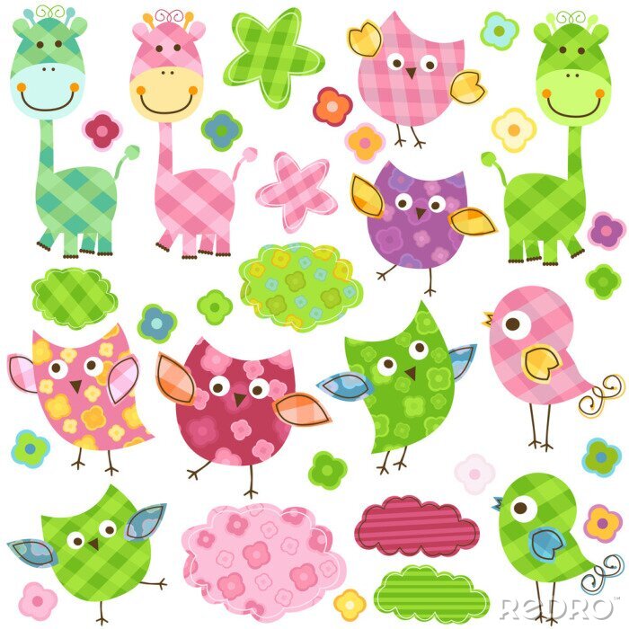 Fotobehang Kleurrijke girafvogels en uilen