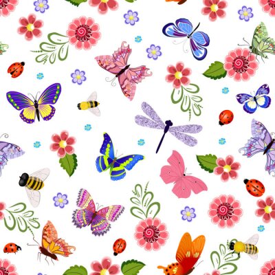 Fotobehang Kleurrijke insecten en bloemen