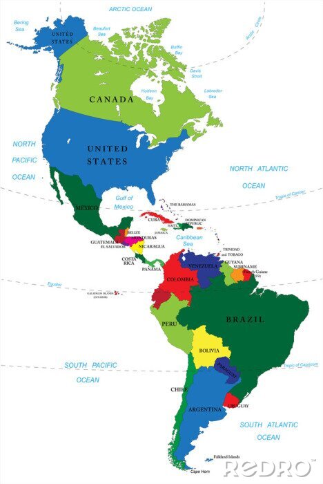 Fotobehang Kleurrijke kaart van beide Amerika's