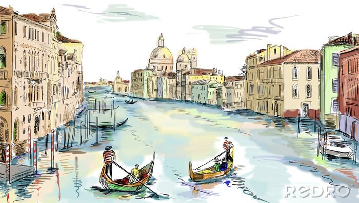 Fotobehang Kleurrijke schets van de skyline van Venetië