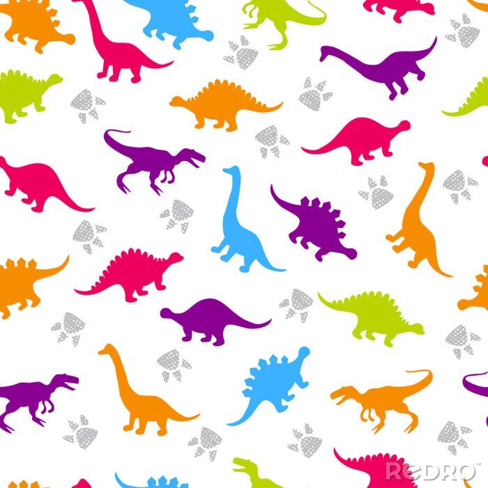Fotobehang Kleurrijke silhouetten van dinosaurussen