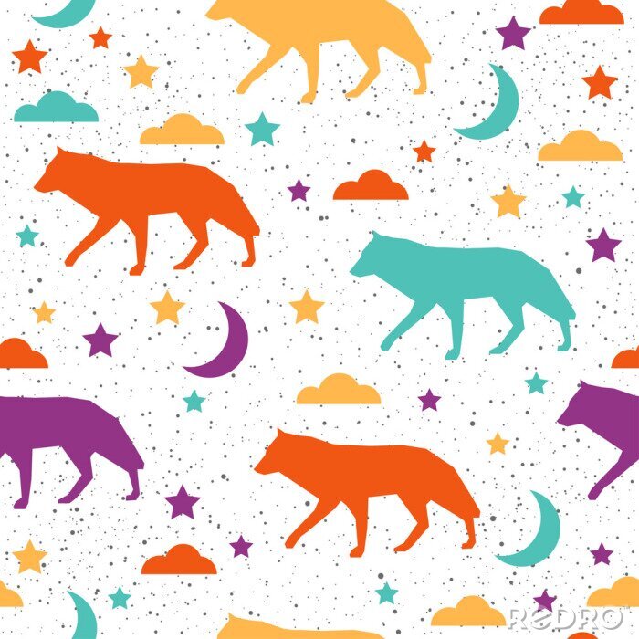 Fotobehang Kleurrijke silhouetten van wolven met sterren en wolken