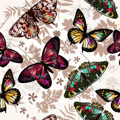 Fotobehang Kleurrijke vlinders en bruine bladeren