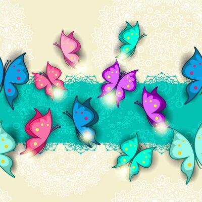 Fotobehang Kleurrijke vlinders op een blauwe achtergrond