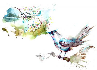 Fotobehang Kleurrijke vogel in aquarel
