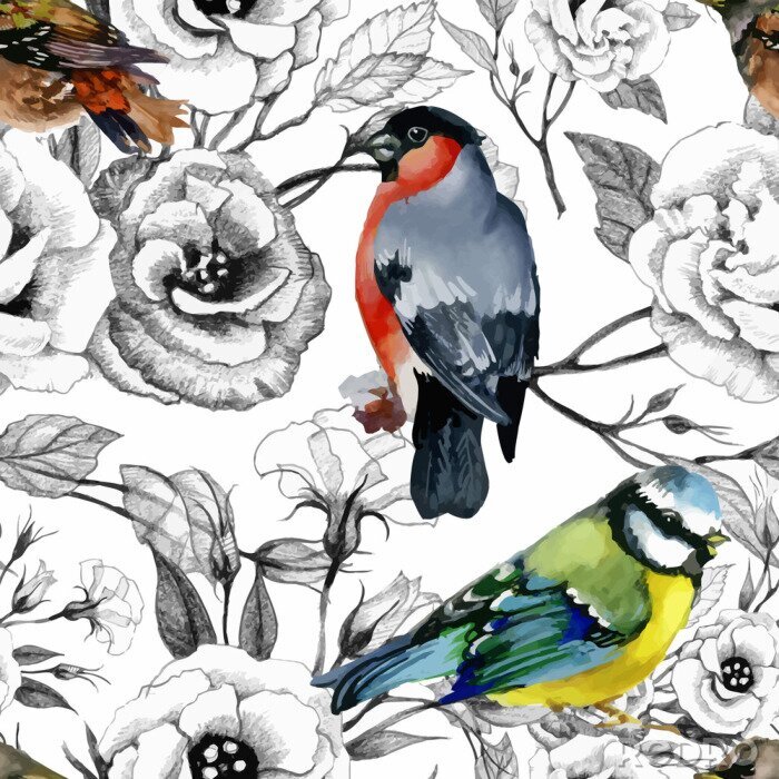 Fotobehang Kleurrijke vogels en zwart-witte bloemen