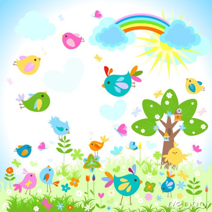Fotobehang Kleurrijke vogels in het voorjaar
