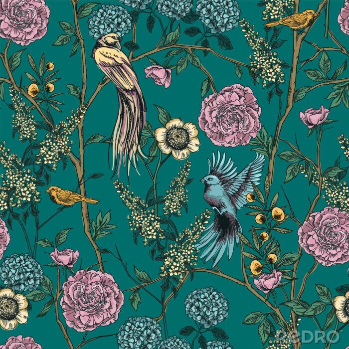 Fotobehang Kleurrijke vogels op bomen met bloemen