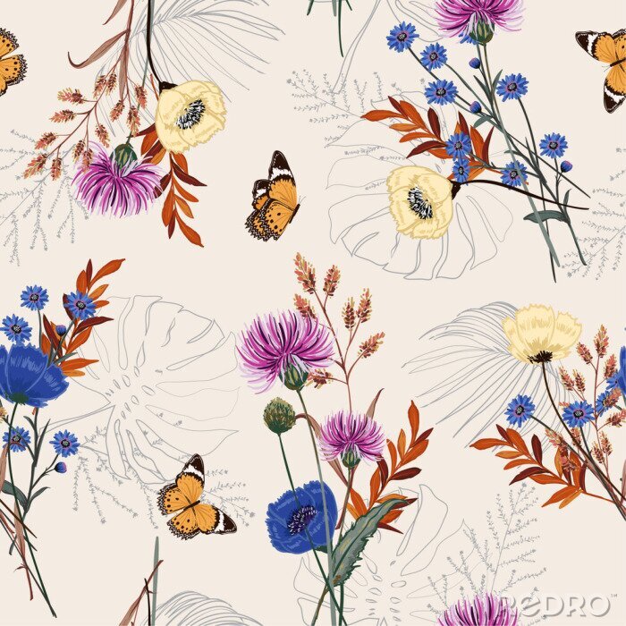 Fotobehang Kleurrijke wilde bloemen en monsterabladeren