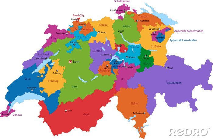 Fotobehang Kleurrijke Zwitserland kaart met staten en grote steden