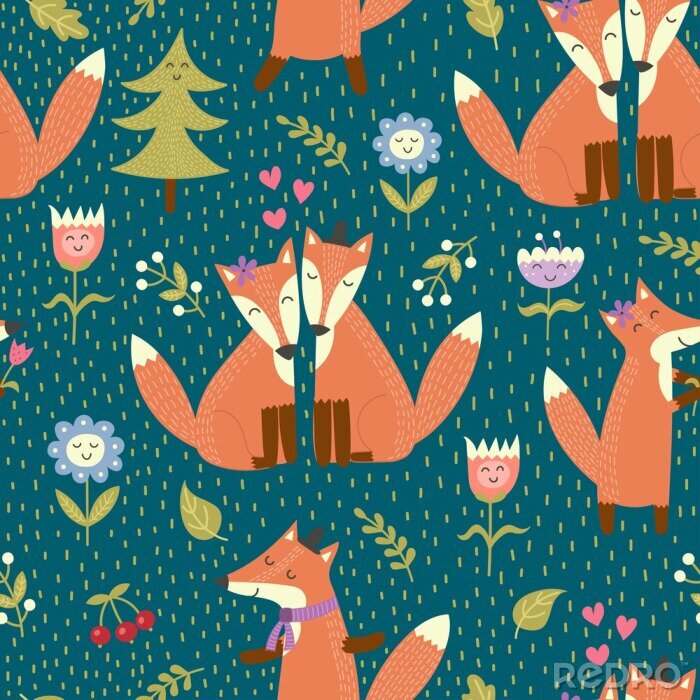 Fotobehang Knusse vosjes met bloemen en kerstbomen