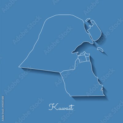 Fotobehang Koeweit regio kaart: blauw met witte omtrek en schaduw op blauwe achtergrond. Gedetailleerde kaart van Koeweitregio's. Vector illustratie.
