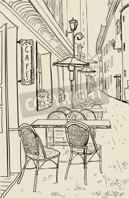 Koffie van de straat in de oude binnenstad van schets illustratie.