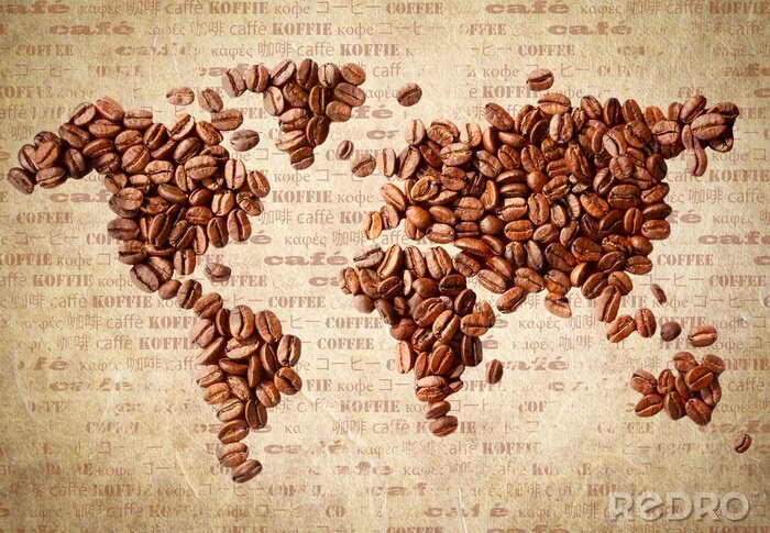 Fotobehang Koffiebonen die een wereldkaart vormen