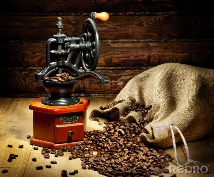 Fotobehang Koffiemolen vintage en boontjes