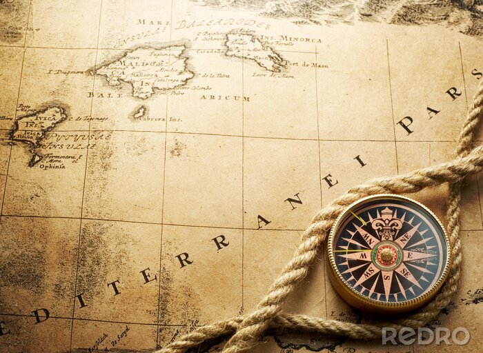 Fotobehang kompas op vintage kaart 1732