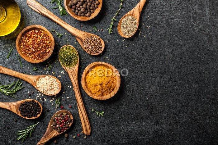 Fotobehang Kooktafel met kruiden en specerijen