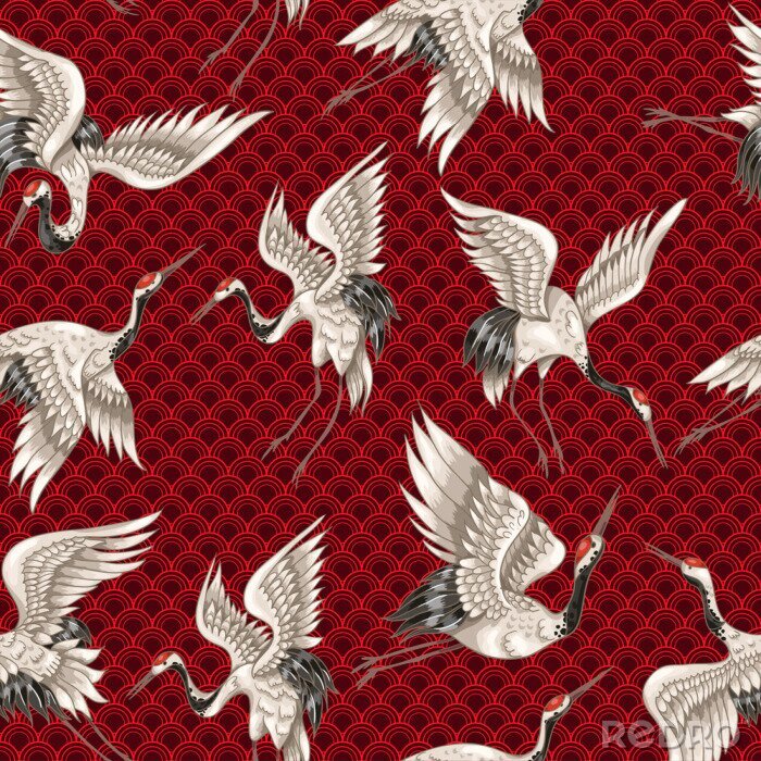 Fotobehang Kranen op een gevormde rode achtergrond