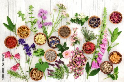 Fotobehang Kruiden en specerijen op een houten achtergrond