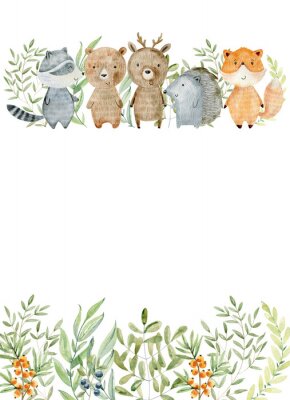 Lachende dieren uit het bos en het thema groene bladeren