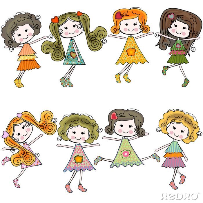 Fotobehang Lachende meisjes in kleurrijke jurken