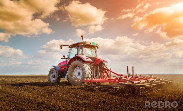Fotobehang Landbouwer in tractor voorbereiding land met zaaibed cultivator
