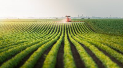 Fotobehang Landelijk landschap met een tractor