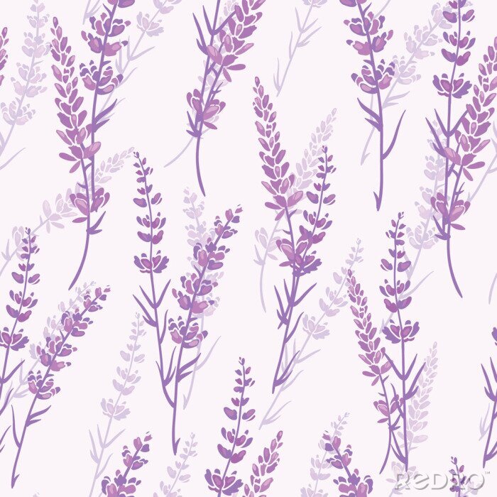 Fotobehang Lavendel bloemen paars vector naadloos patroon. Mooie violette lavendel retro achtergrond. Elegante stof op lichte achtergrondontwerp van het oppervlaktepatroon.