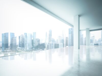 Fotobehang Leeg kantoorinterieur met uitzicht op wolkenkrabbers