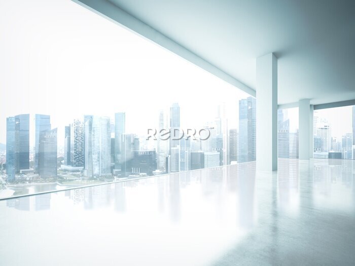 Fotobehang Leeg kantoorinterieur met uitzicht op wolkenkrabbers
