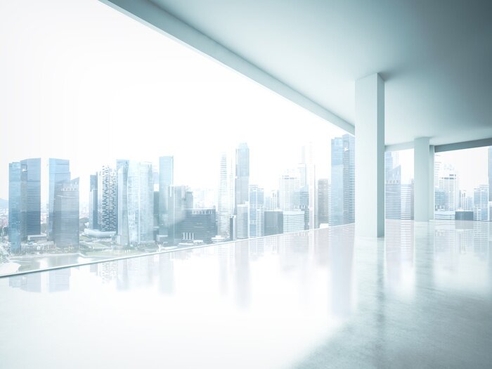 Fotobehang Leeg kantoorinterieur met uitzicht op wolkenkrabbers