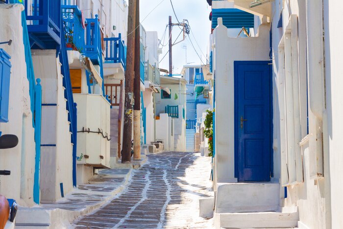 Fotobehang Lege witgekalkte gangweg eiland Mykonos Griekenland