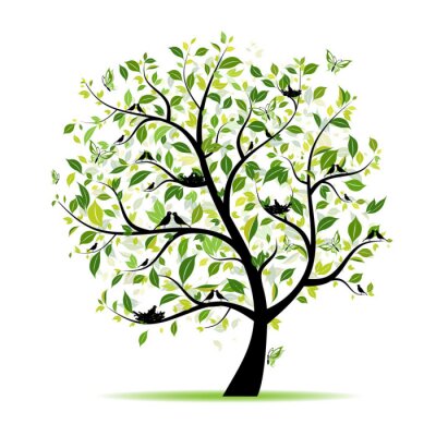 Lente tree green met vogels voor uw ontwerp