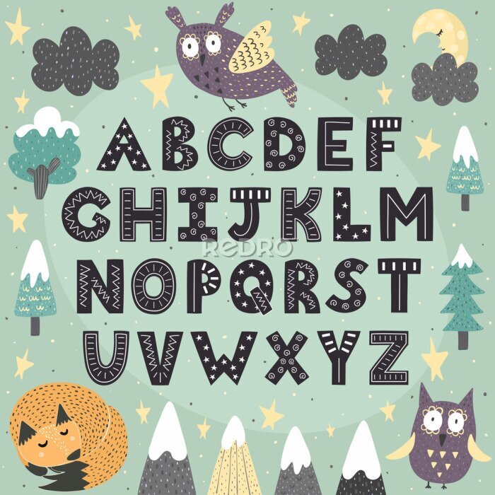 Fotobehang Letters van het alfabet in een fantastisch bos