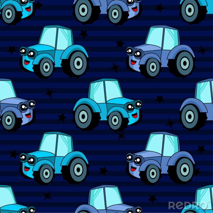 Fotobehang Leuk kinderwagenpatroon voor meisjes en jongens. De kleurrijke auto, tractor op de abstracte achtergrond leidt tot een tekening van het pretbeeldverhaal. Het autopatroon wordt gemaakt in neonkleuren. 