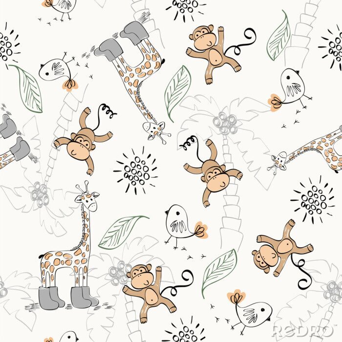Fotobehang Leuk patroon met apen en giraffen