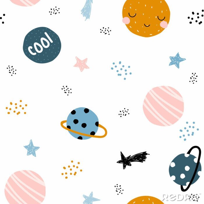 Fotobehang Leuk ruimte naadloos patroon met hand getrokken planeten en sterren. Trendy grafische kinderen. Vector illustratie.