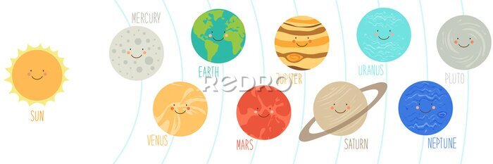 Fotobehang Leuke glimlachende stripfiguren van de planeten van het zonnestelsel, kan worden gebruikt voor kinderen onderwijs als kaarten, boeken, banners. kinderachtig achtergrond