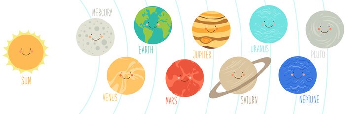 Fotobehang Leuke glimlachende stripfiguren van de planeten van het zonnestelsel, kan worden gebruikt voor kinderen onderwijs als kaarten, boeken, banners. kinderachtig achtergrond