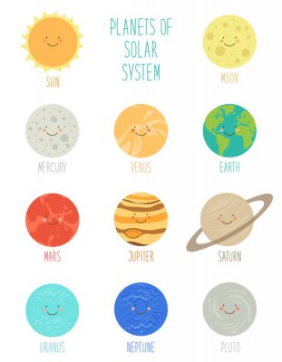 Leuke glimlachende stripfiguren van de planeten van het zonnestelsel. kinderachtig achtergrond