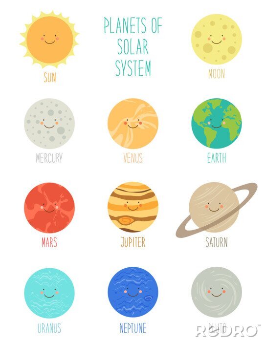 Fotobehang Leuke glimlachende stripfiguren van de planeten van het zonnestelsel. kinderachtig achtergrond