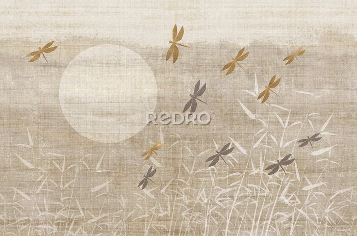 Fotobehang Libellen boven het riet bij zonsopgang