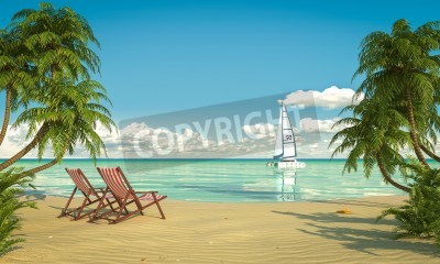 Fotobehang Ligstoelen op het strand in het Caraïbisch gebied