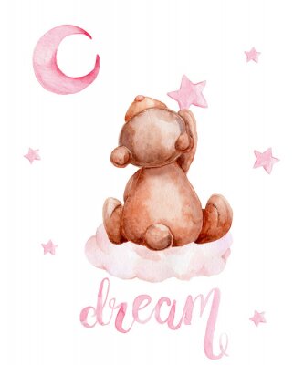 Little brown teddy bear sitting on a cloud and moon and stars; watercolor hand draw illustration; with white isolated background